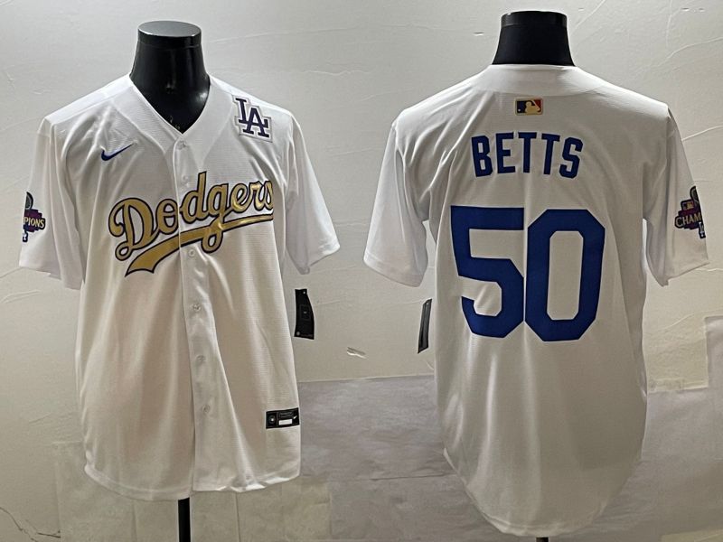 Men Los Angeles Dodgers 50 Betts White Champion gold character 2025 Nike MLB Jersey style 3315